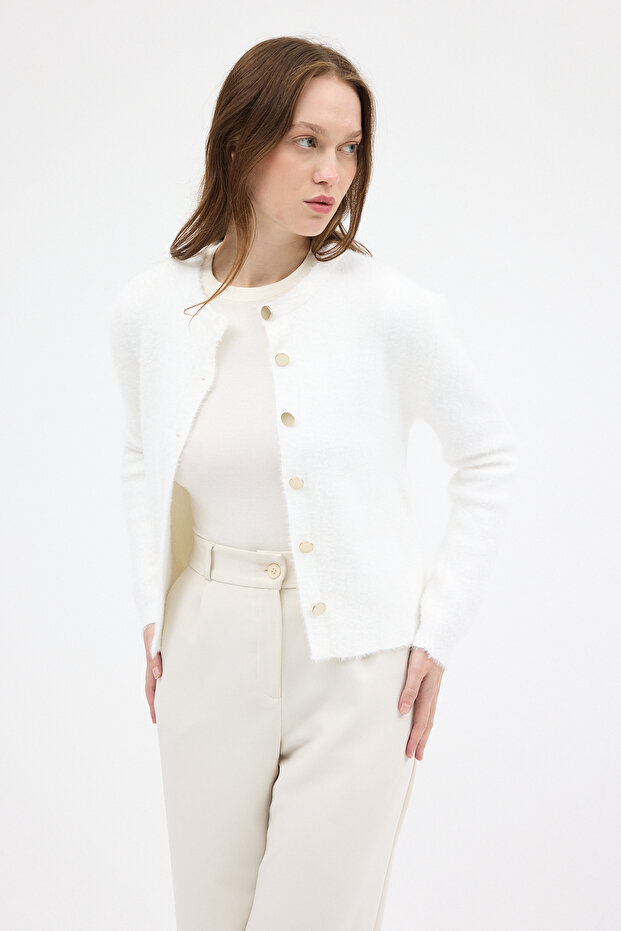 2241 Bisiklet Yaka Düğmeli Hırka Ekru - 7