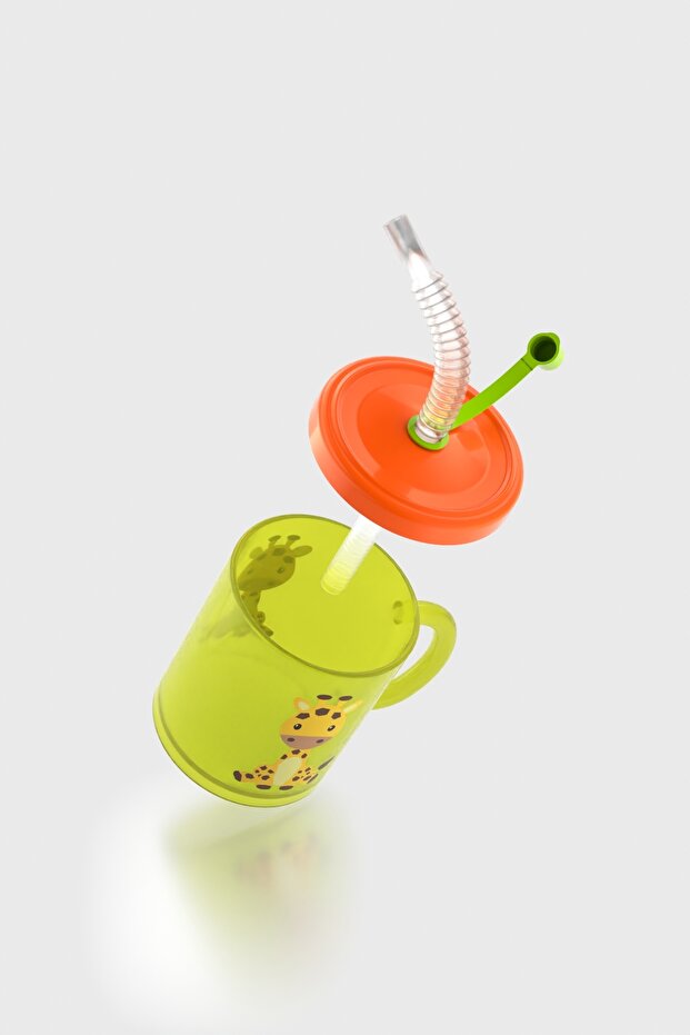 Ruby Zürafa Desenli 210 ml Pipetli Kulplu PP Bebek Bardağı 142003 Yeşil-Turuncu - 3