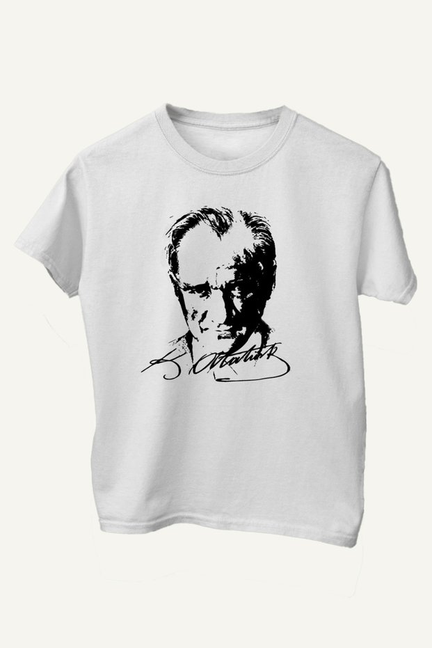 Cotton Standard Cut Crew Neck Short Sleeve Black Ataturk Printed White April 23 Children's T-Shirt