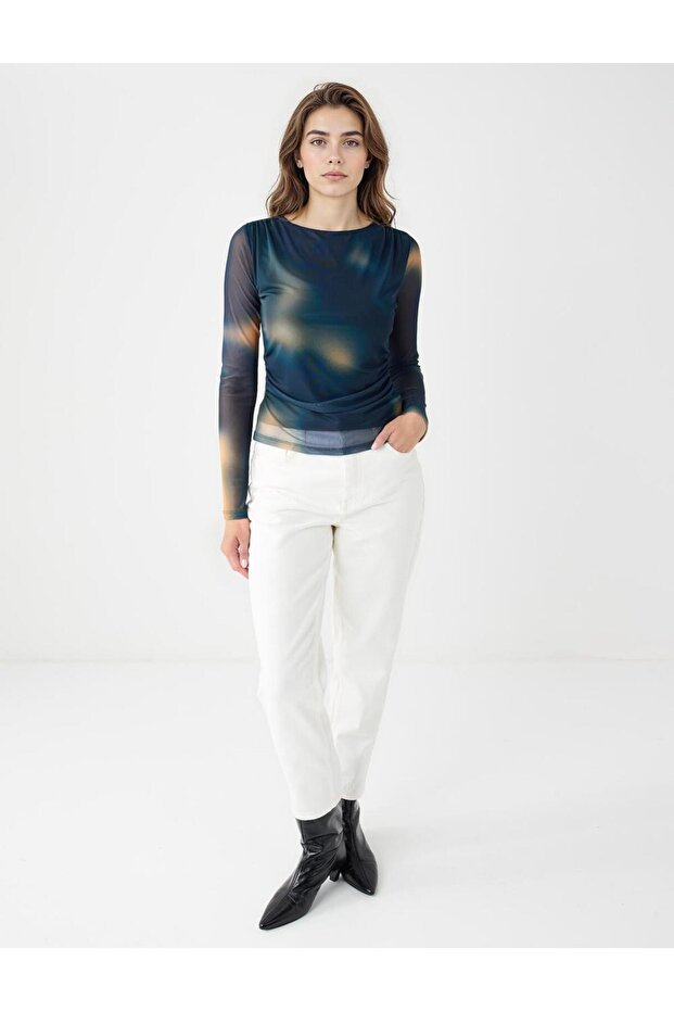 Haki Kayık Yaka Uzun Kollu Desenli Mesh Örme Bluz - 2