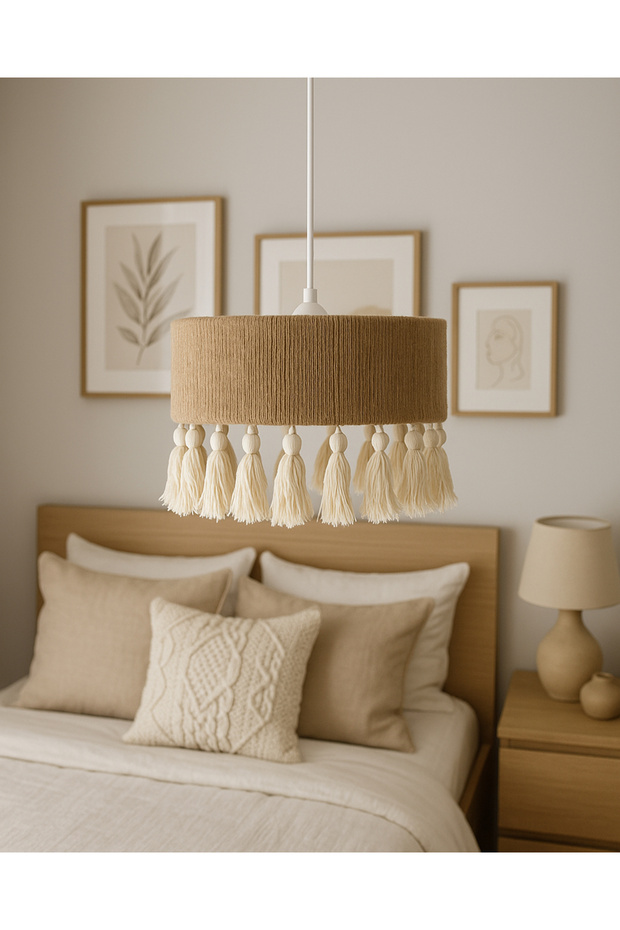 El Yapımı Jüt İpli Avize / Bohem Püsküllü Avize / Oturma odası ,Salon,Yatak odası,Ofis,Mutfak,Balkon - 1