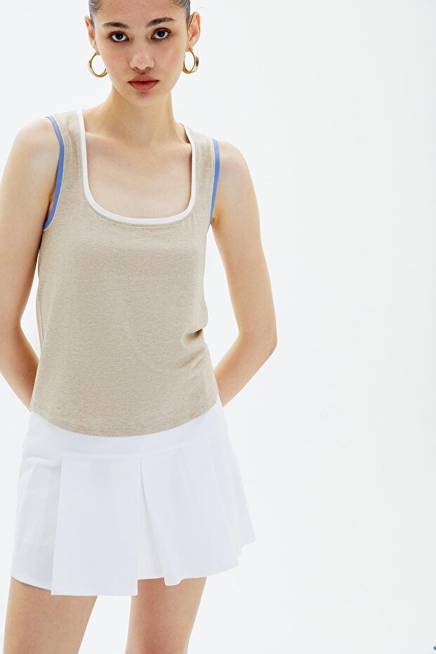 Kontrast Biyeli Bej Basic Bluz - 2