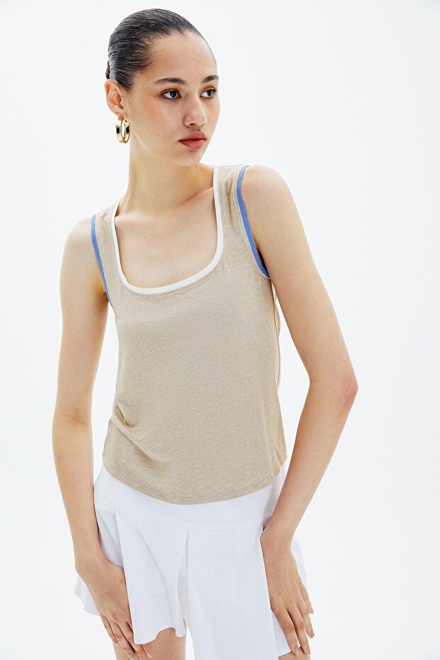 Kontrast Biyeli Bej Basic Bluz - 1