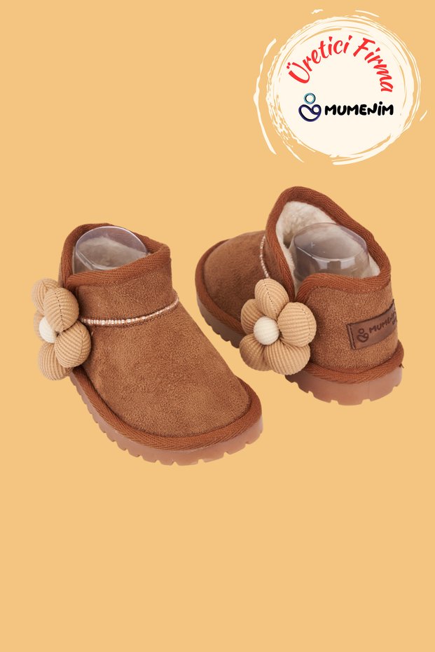 Minto Girls' and Baby's Tan Boots - Suede Orthopedic Non-Slip Sole Winter Snow Boots with Fur and Flower Figures