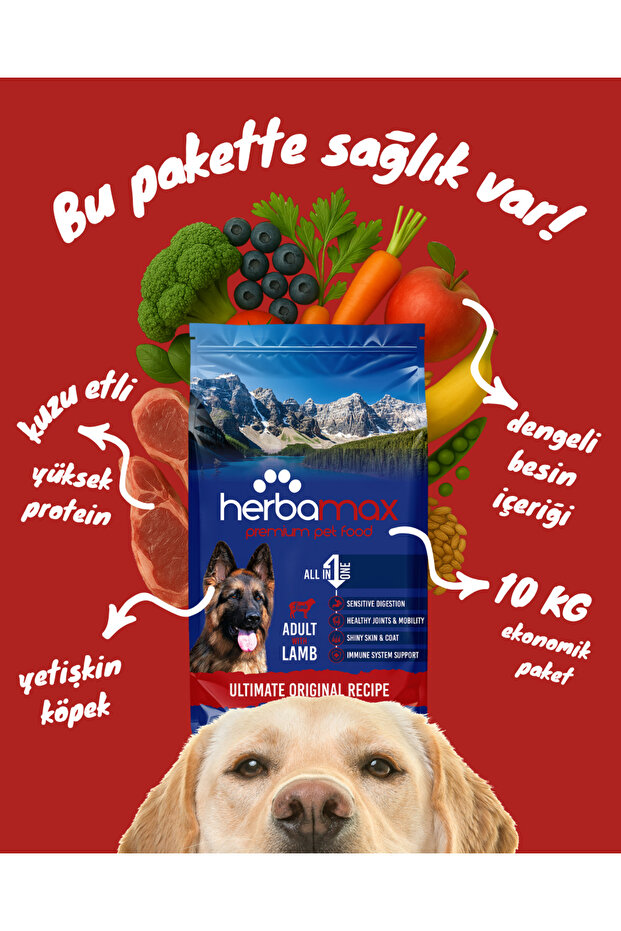 Herba Max Sindirim Destekleyici- Kuzu Etli Yetişkin Köpek Maması 10kg