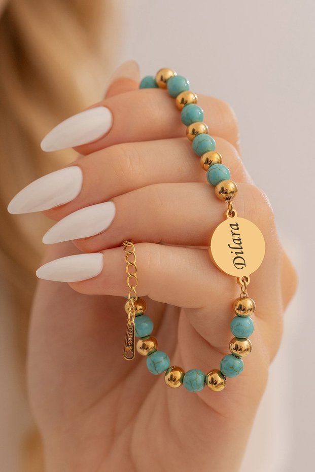 Women's Steel Bracelet - Steel Lacquer-Coated Bracelet with Turquoise Stones, Name or Letter Can Be Engraved