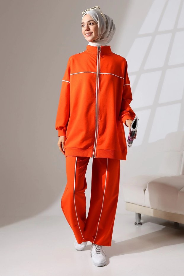 Women's Orange Seasonal Combed Cotton Bottom Top Sports and Comfortable Hijab Suit