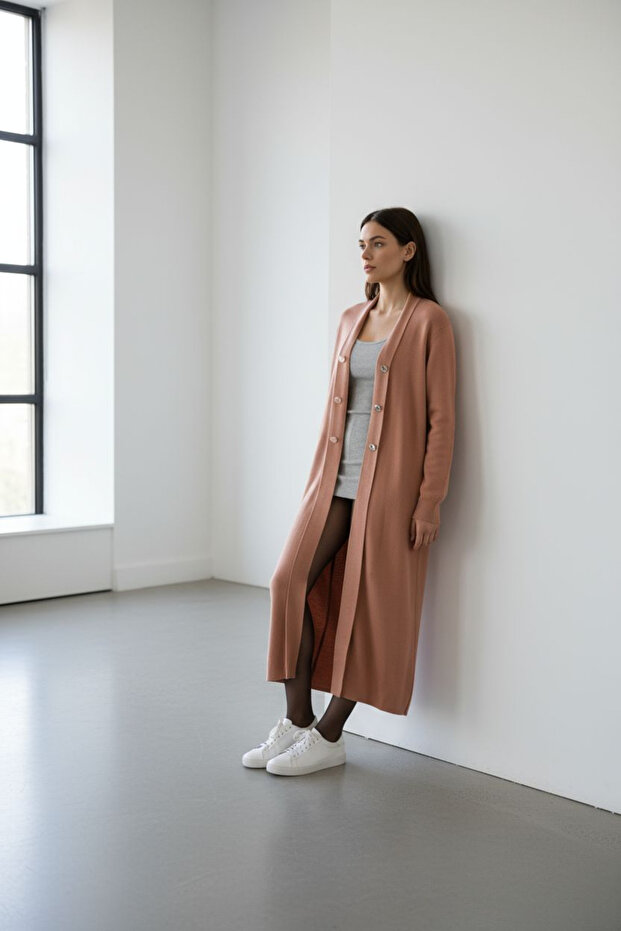 Cardigan Long Knitwear Button Detail Without Closure