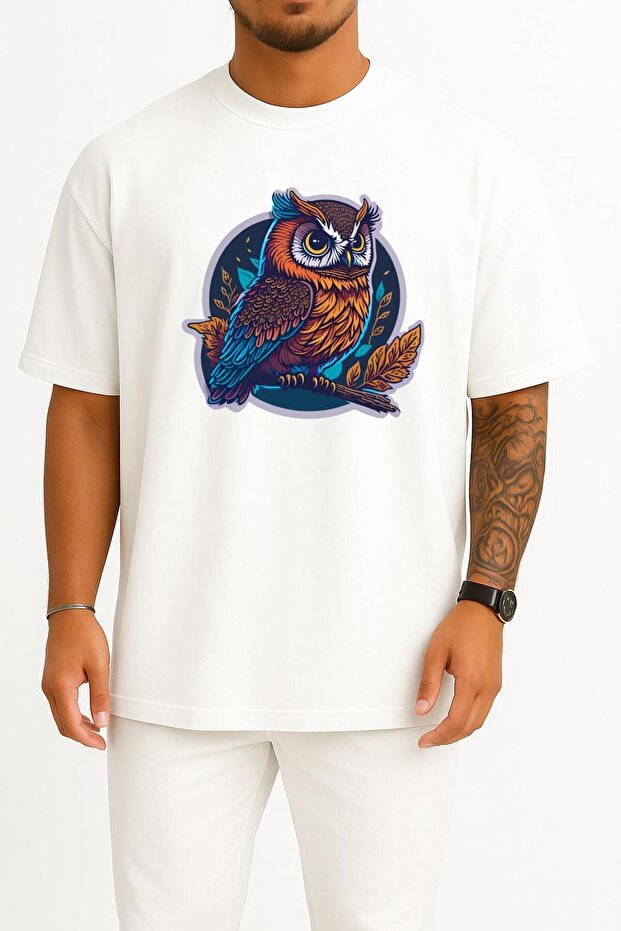 Oversize Sticker Owl Mascot Chest and Back Design Unisex T-Shirt
