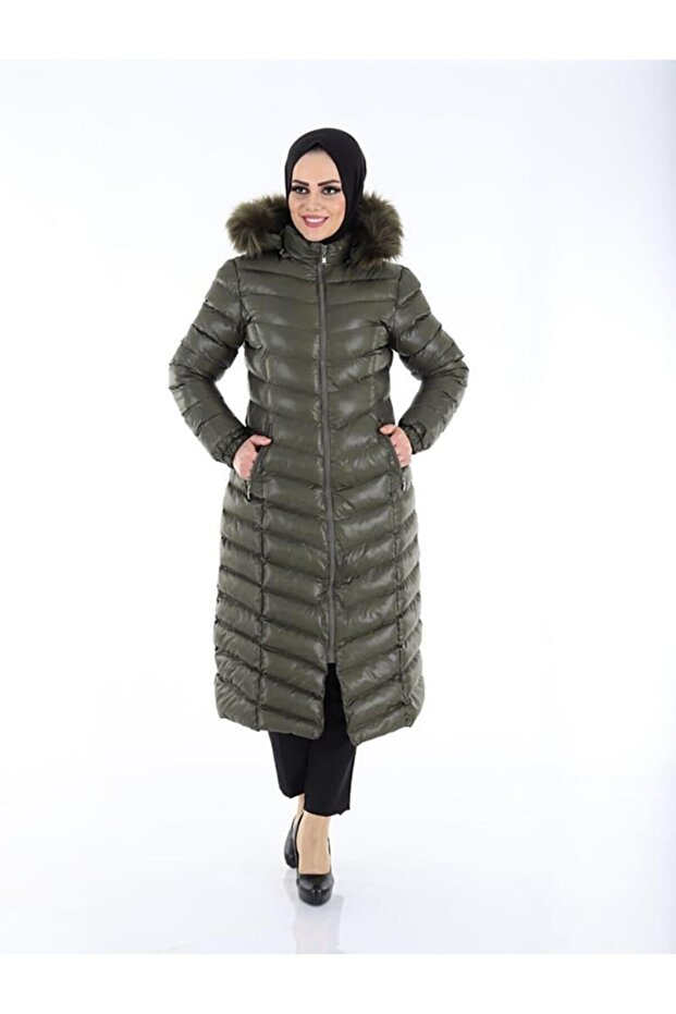Women's Long Khaki Puffer Coat