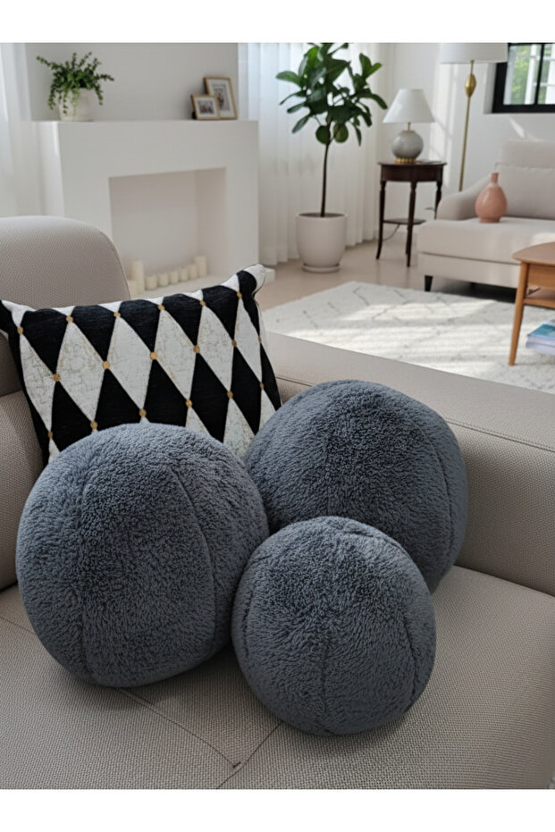 Anthracite Set of 3 42/25 XXL Size Welsoft Fabric Decorative Ball Throw Pillow Large and Small Size Set