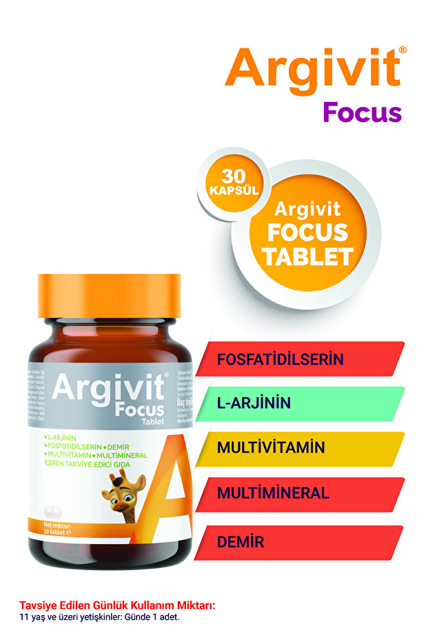 Focus L-Arjinin, Fosfotidilserin, Demir, Multivitamin ve Multimineral İçeren Tablet 30 Tablet - 1
