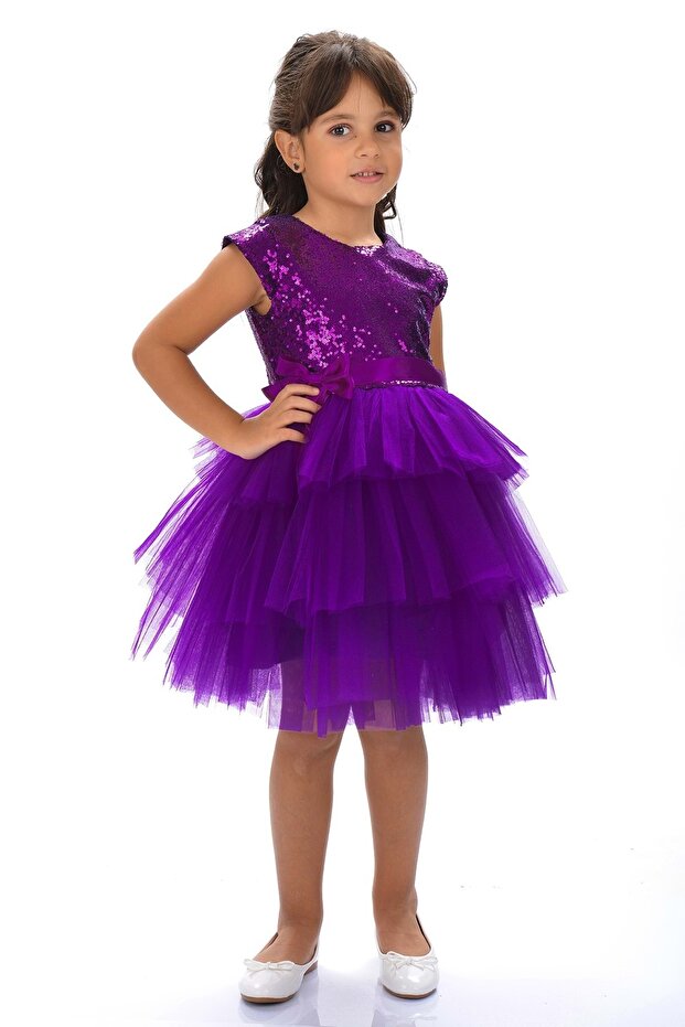 Kız Çocuk Pullu Tüllü Parti Elbisesi MOR - 2