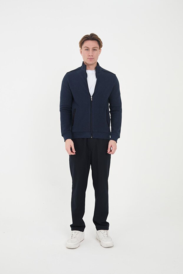 Erkek PeakLayer Fermuarlı Cepli Basic Kışlık Mavi Sweatshirt - 4