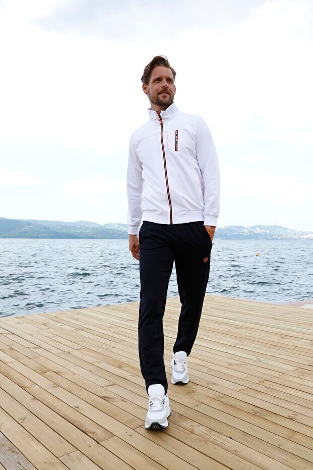 Men's White Two Thread Fabric Di Mock Neck Long Sleeve Tracksuit Set with Ermuarli Pockets - 7402