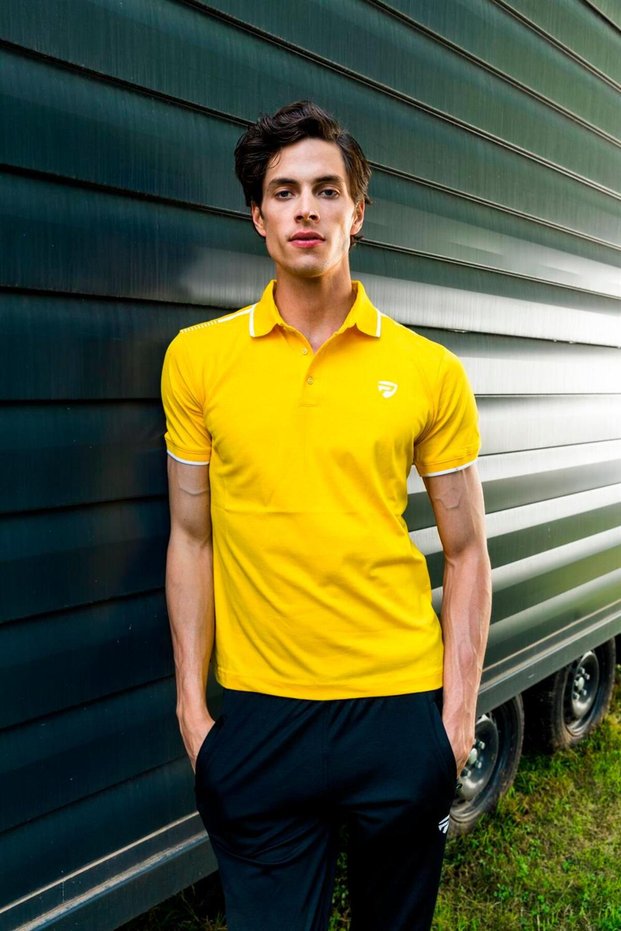 Men's Yellow Color American Pique Fabric, Polo Neck Ribbed Sleeve Short Sleeve T-Shirt - 144