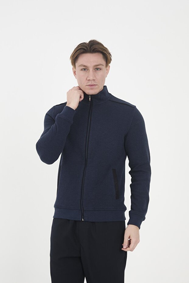 Erkek PeakLayer Fermuarlı Cepli Basic Kışlık Mavi Sweatshirt - 1