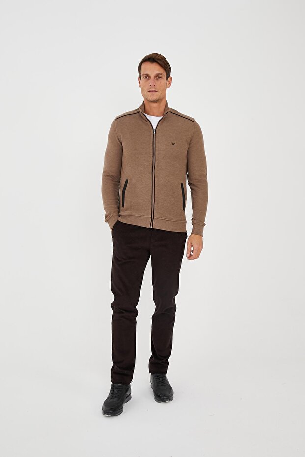 Erkek PeakLayer Fermuarlı Cepli Basic Kışlık Vizon Sweatshirt - 3