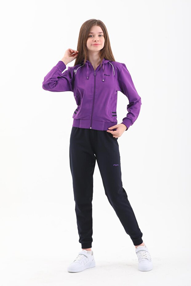 Girl's Hooded Zippered Elastic Lilac Tracksuit Set - 4005