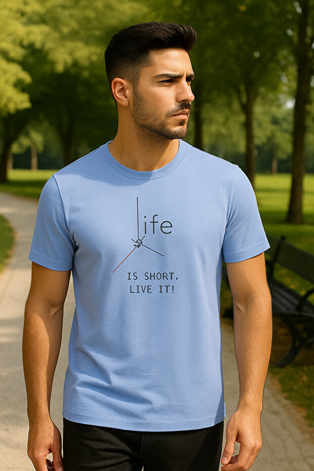 Men's Crew Neck Short Sleeve Text Print Blue T-Shirt