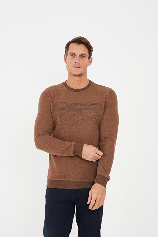 Men's Crew Neck Patterned Long Basic Sweatshirt Brown - 2