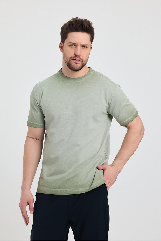 Men's Green Crew Neck Washable Basic T-Shirt - 165