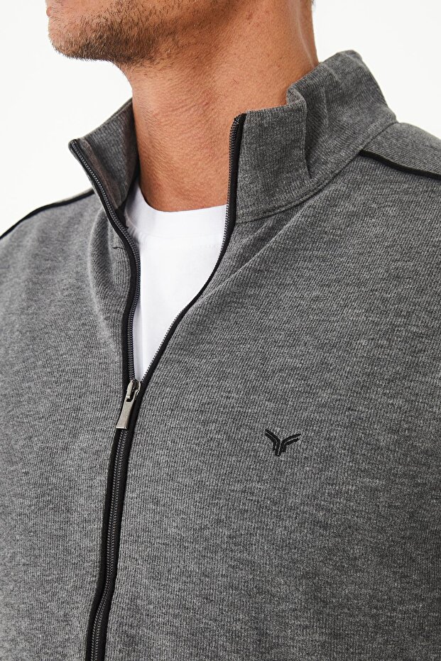 Erkek PeakLayer Fermuarlı Cepli Basic Kışlık Gri Sweatshirt - 4