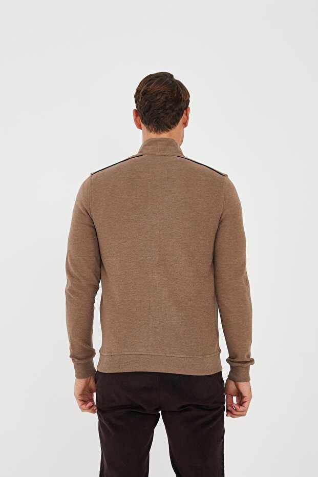 Erkek PeakLayer Fermuarlı Cepli Basic Kışlık Vizon Sweatshirt - 5