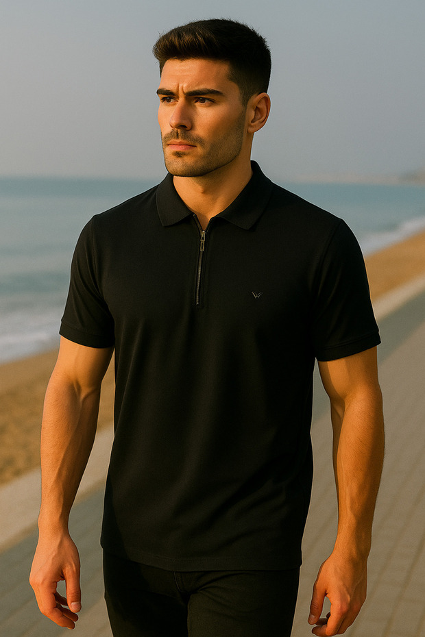 Men's Short Sleeve Zippered Basic Black Polo Neck T-Shirt