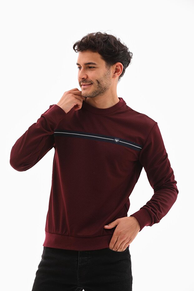 Men's Burgundy Mare Jaker Fabric Crew Neck Stripe Embroidery on the Chest Long Sleeve Sweatshirt - 7657