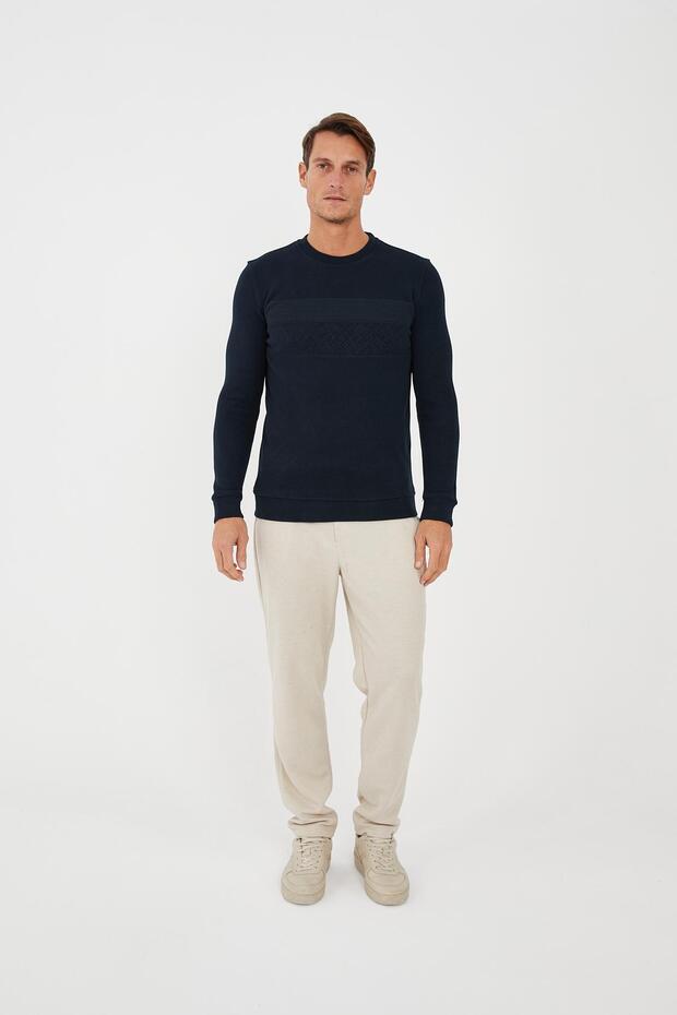 Men's Crew Neck Patterned Long Basic Sweatshirt Navy - 3