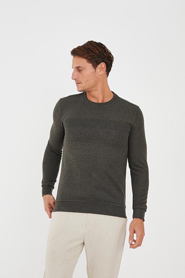 Men's Crew Neck Patterned Long Basic Sweatshirt Khaki - 2