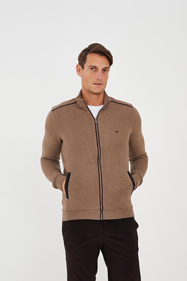 Erkek PeakLayer Fermuarlı Cepli Basic Kışlık Vizon Sweatshirt - 2