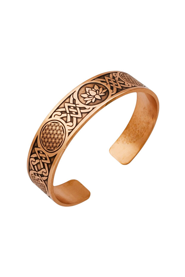 Lotus and Flower of Life, Deep Scraping Copper Bracelet