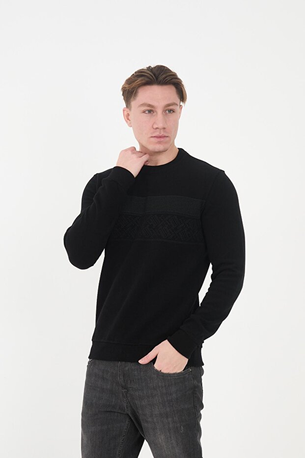 Black Long Basic Sweatshirt - Crew Neck, Patterned - 1