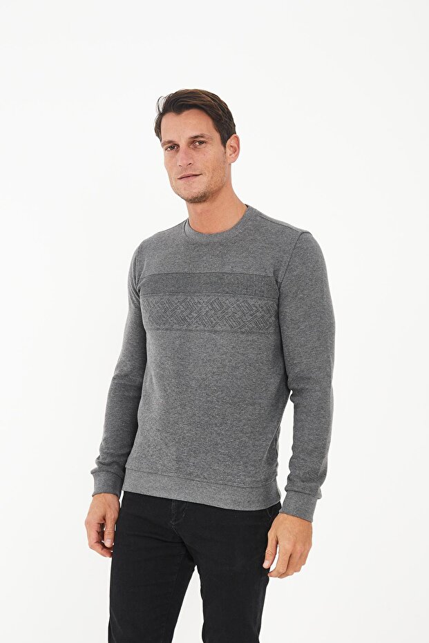 Men's Crew Neck Patterned Long Basic Sweatshirt Gray - 2