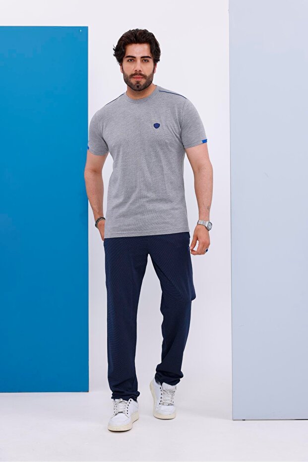 Men's Battal Size Light Gray Crew Neck T-Shirt Bottom-Top Set - 130