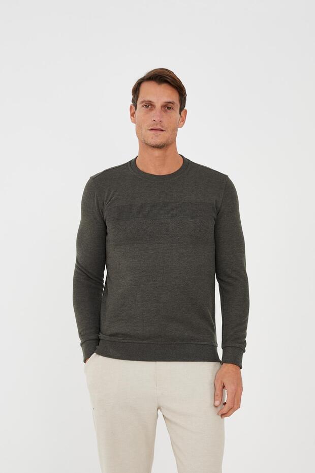 Men's Crew Neck Patterned Long Basic Sweatshirt Khaki - 1