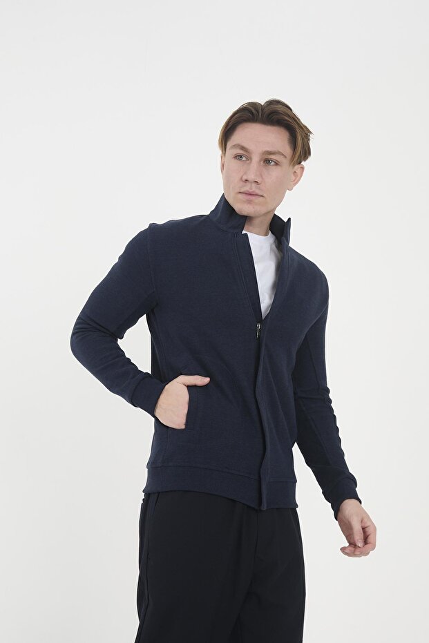 Erkek ArcticFlex Cep Detaylı Fermuarlı Basic Mavi Sweatshirt - 2