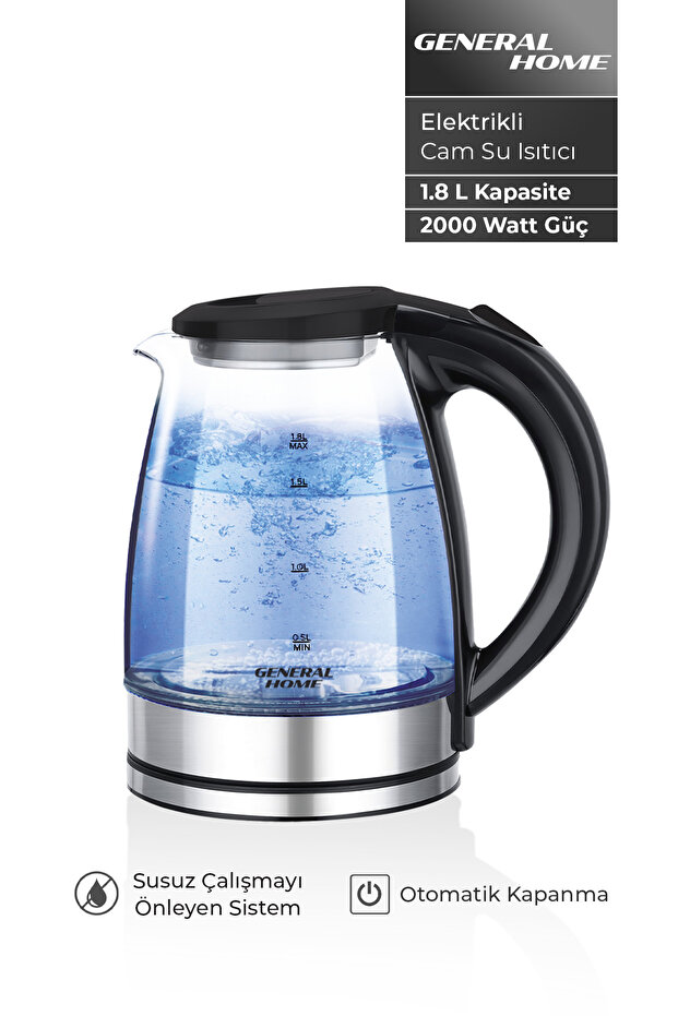 General Home GH-3300 Elektrikli Cam Su Isıtıcı Kettle | 1,8 L – 2000 W, Gizli Rezistans, Otomatik Kapanma