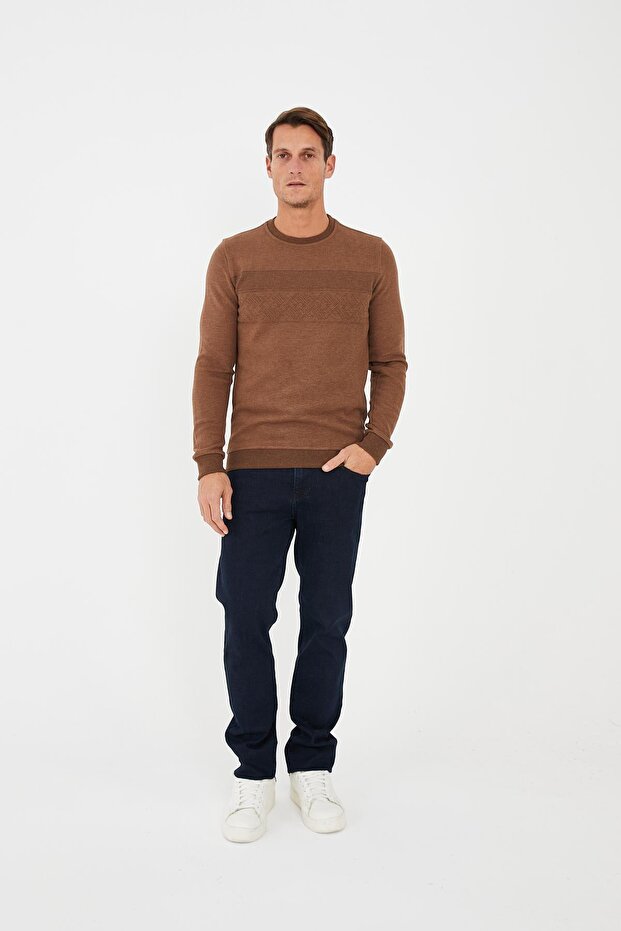 Men's Crew Neck Patterned Long Basic Sweatshirt Brown - 3