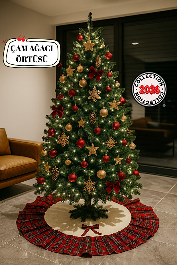 Fırfırlı Yılbaşı Çam Ağacı Örtüsü – Doğal Pamuklu Ekose Tasarım ile Sıcak Bir Atmosfer - 1