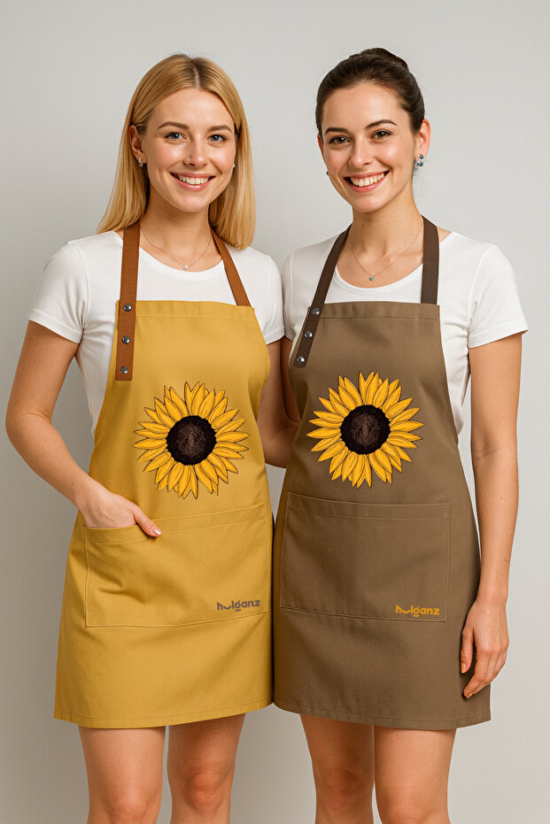 Kitchen Apron Set of 2 Stain Resistant Water Repellent Fabric Colorfast Print Sunflower Pattern