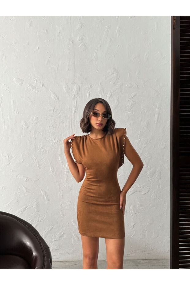 DROPLU SCUBA SÜET ELBİSE - TABA - 4