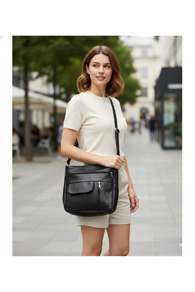 Genuine Leather Women's Bag, Shoulder, Handle and Crossbody Bag, Multi-Pocket, Black