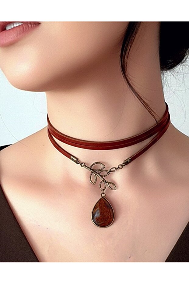Genuine Leather Choker Necklace with Agate Stone Detail