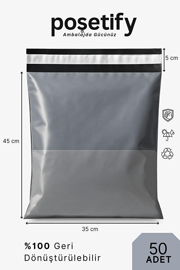 Cepli Kargo Poşeti 35x45x5 cm | 50 Adet | E-Ticaret Poşeti | Gri | Yapışkan Bantlı Kargo Zarfı - 1