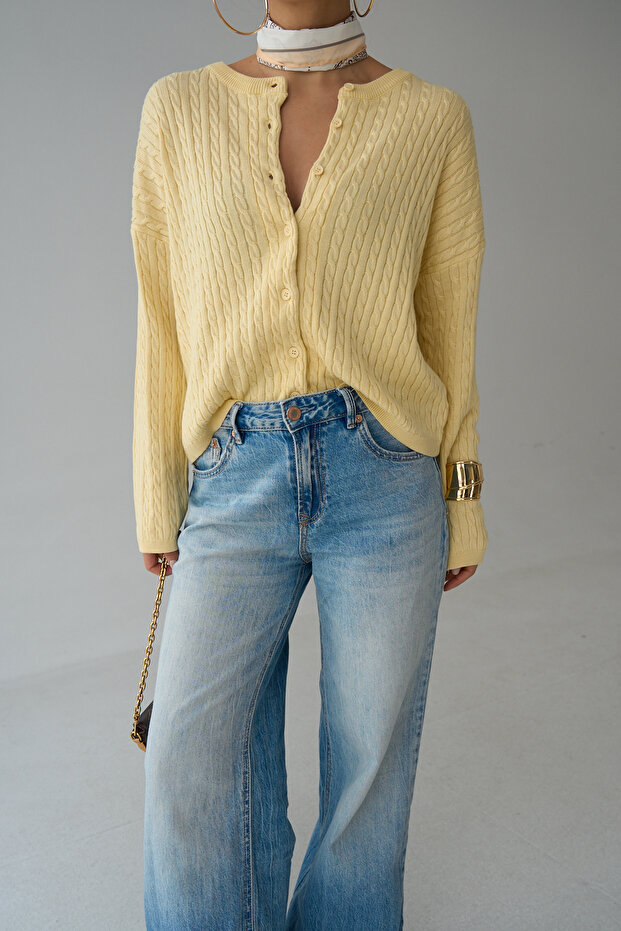 Kadın Sarı Bisiklet Yaka Saç Örgü Dokulu Basic Hırka - 1