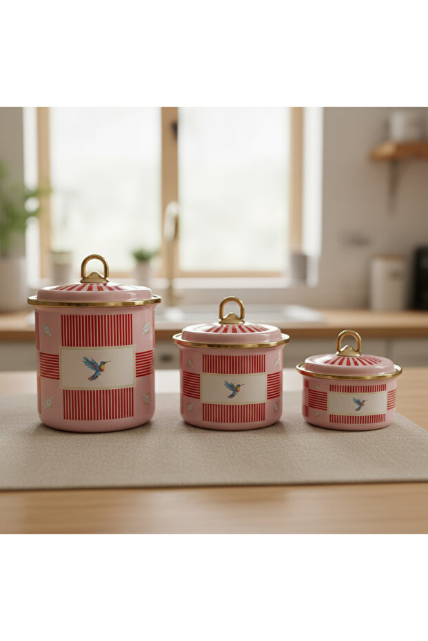 3-Piece Bird Studio Pink Color Bird Patterned Enamel Countertop Jar Set - 950-650-400 ml.