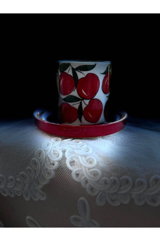 Handmade Cherry Patterned Red Ceramic Cup Mug - 7